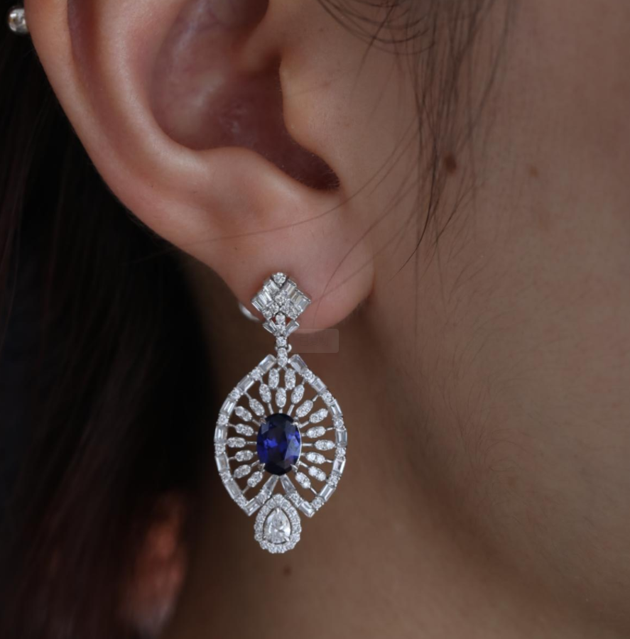 18K White Gold 7*5mm Oval Royal Blue Lab Sapphire and Lab Diamond Victorian Peacock Plume Chandelier Earrings 18K White Gold 7*5mm Oval Royal Blue Lab Sapphire and Lab Diamond Victorian Peacock Plume Chandelier Earrings