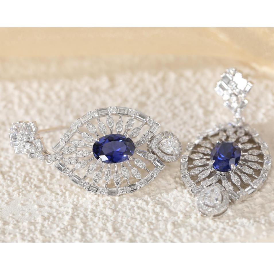 18K White Gold 7*5mm Oval Royal Blue Lab Sapphire and Lab Diamond Victorian Peacock Plume Chandelier Earrings 18K White Gold 7*5mm Oval Royal Blue Lab Sapphire and Lab Diamond Victorian Peacock Plume Chandelier Earrings