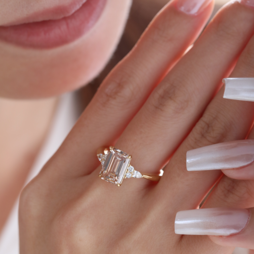 18K Yellow Gold 3.5ct Emerald Cut Brown Lab Diamond Foral Side-stone Ring with Tapered Band 18K Yellow Gold 3.5ct Emerald Cut Brown Lab Diamond Foral Side-stone Ring with Tapered Band