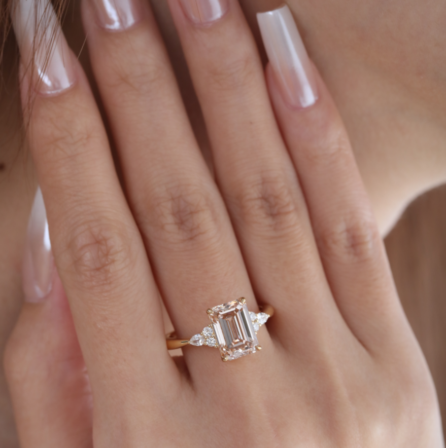 18K Yellow Gold 3.5ct Emerald Cut Brown Lab Diamond Foral Side-stone Ring with Tapered Band 18K Yellow Gold 3.5ct Emerald Cut Brown Lab Diamond Foral Side-stone Ring with Tapered Band