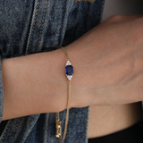 14K Yellow Gold 2ct Royal Blue Lab Sapphire Chain Bracelet with Round Lab Diamond Side-stones 14K Yellow Gold 2ct Royal Blue Lab Sapphire Chain Bracelet with Round Lab Diamond Side-stones