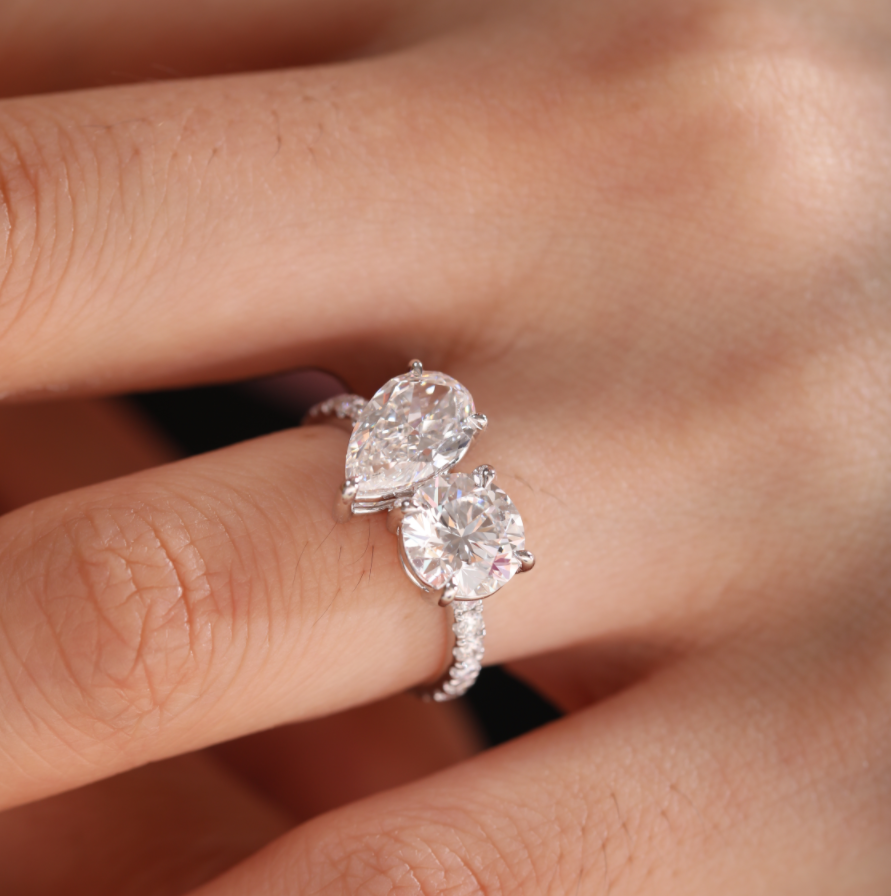 14K White Gold Round and Pear Lab Diamond Toi et Moi Ring with Pave Design 14K White Gold Round and Pear Lab Diamond Toi et Moi Ring with Pave Design