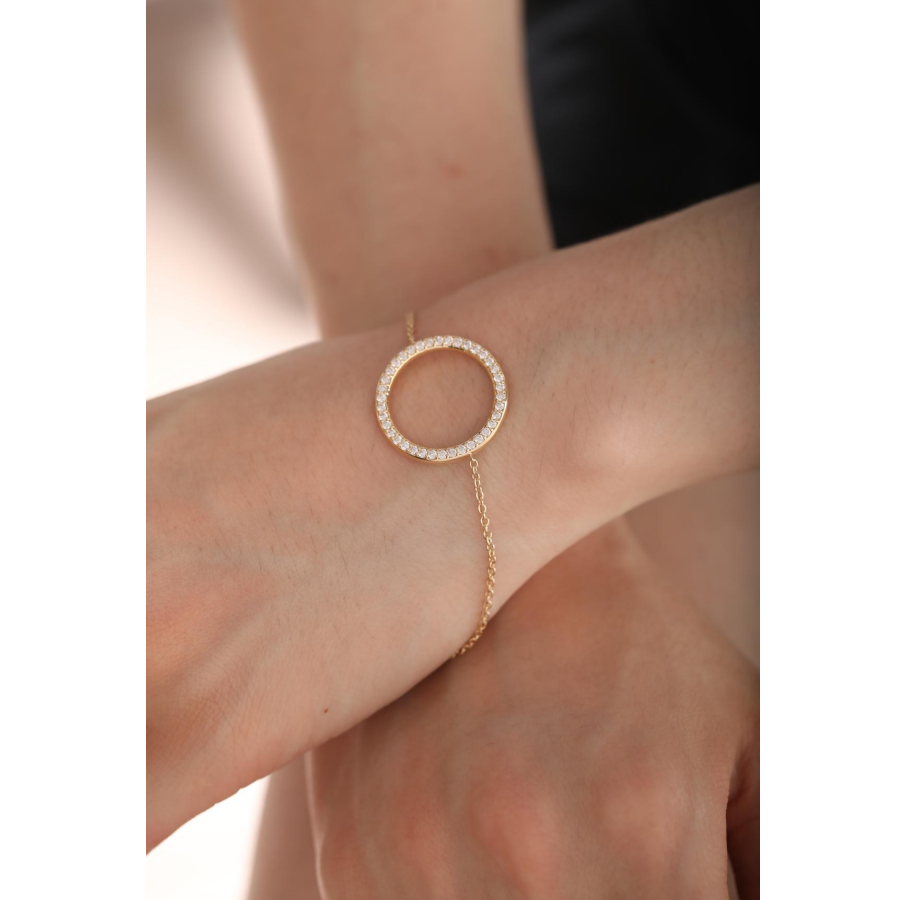 18K Yellow Gold Round Lab Diamond Pave Ring Shape Pendant Chain Bracelet 18K Yellow Gold Round Lab Diamond Pave Ring Shape Pendant Chain Bracelet
