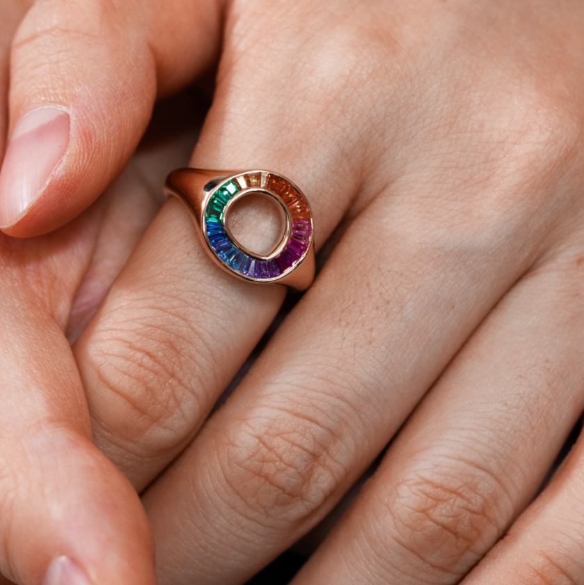 14K Yellow Gold Baguette Cut Rainbow Color Lab Sapphire Channel Setting Sphere Ring 14K Yellow Gold Baguette Cut Rainbow Color Lab Sapphire Channel Setting Sphere Ring