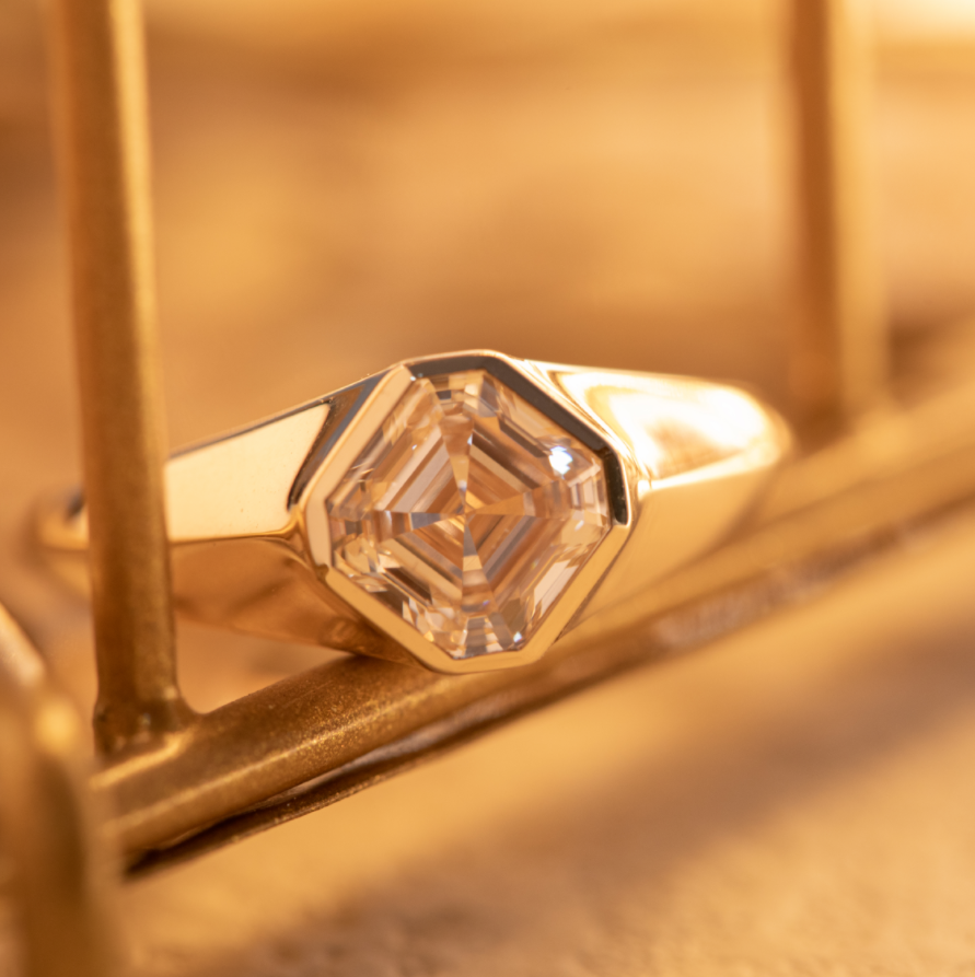14k Yellow Gold 1.5ct Asscher Cut Lab Diamond Bezel Ring with Knife Edge Tapered Band Design 14k Yellow Gold 1.5ct Asscher Cut Lab Diamond Bezel Ring with Knife Edge Tapered Band Design