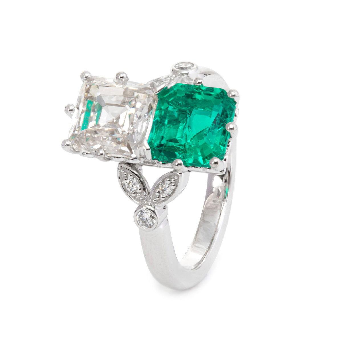 18K White Gold Asscher Cut Lab Emerald & Lab Diamond Toi et Moi Side-stone Cocktail Ring 18K White Gold Asscher Cut Lab Emerald & Lab Diamond Toi et Moi Side-stone Cocktail Ring