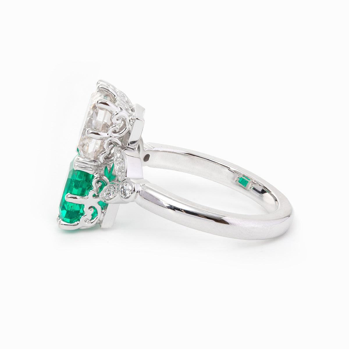 18K White Gold Asscher Cut Lab Emerald & Lab Diamond Toi et Moi Side-stone Cocktail Ring 18K White Gold Asscher Cut Lab Emerald & Lab Diamond Toi et Moi Side-stone Cocktail Ring