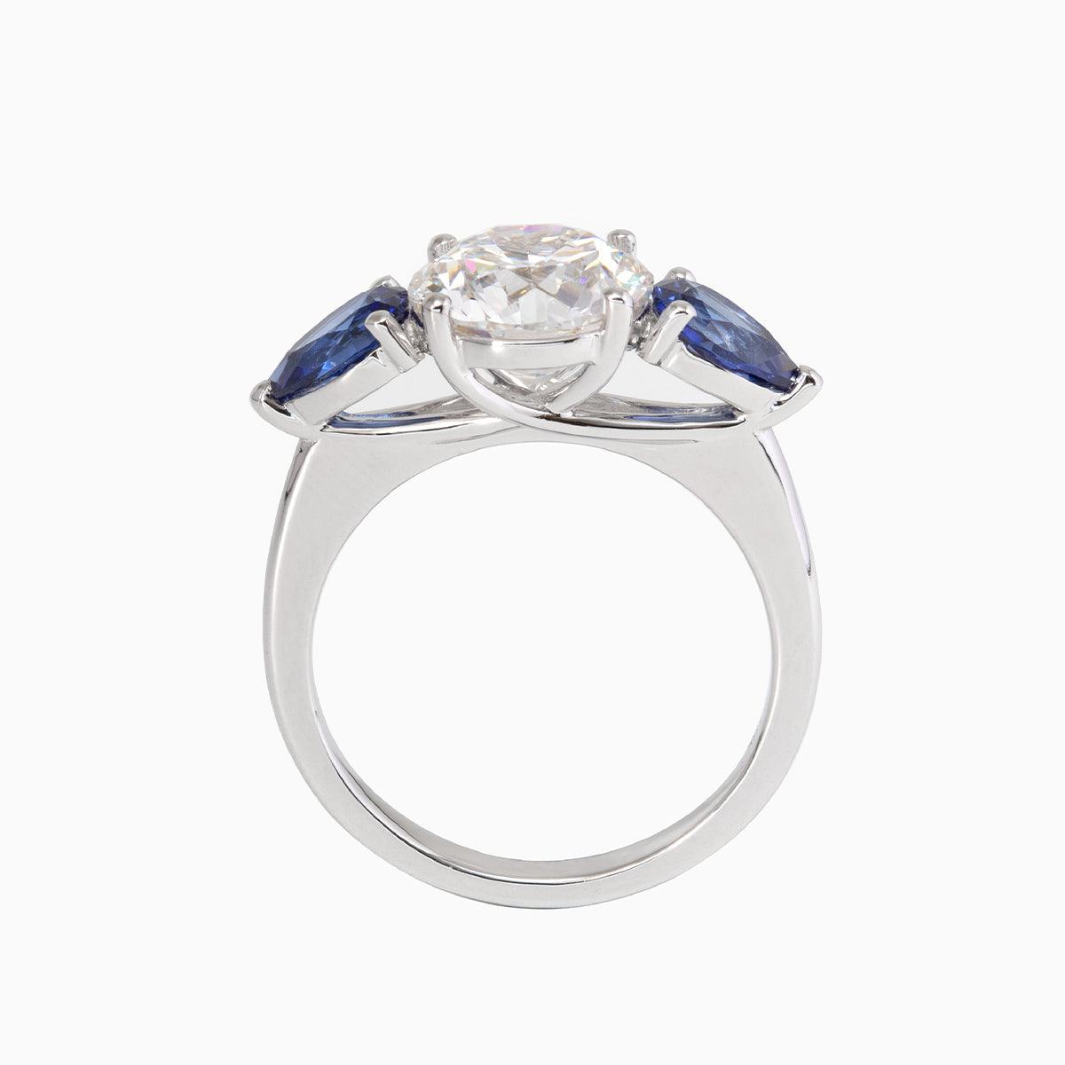 18K White Gold Old European Cut Lab Diamond Pear Sapphire Three Stone Ring 18K White Gold Old European Cut Lab Diamond Pear Sapphire Three Stone Ring