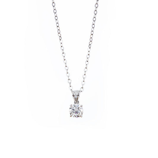 18K White Gold Round Brilliant Cut Lab Diamond Four Claw Prongs Basket Setting Pendant Necklace