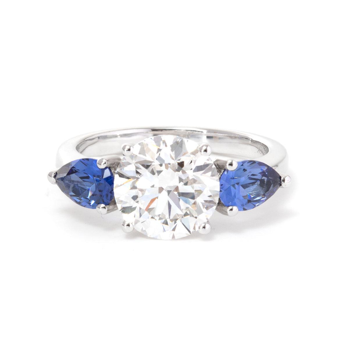 18K White Gold Round Lab Diamond Pear Sapphire Three Stone Ring 18K White Gold Round Lab Diamond Pear Sapphire Three Stone Ring
