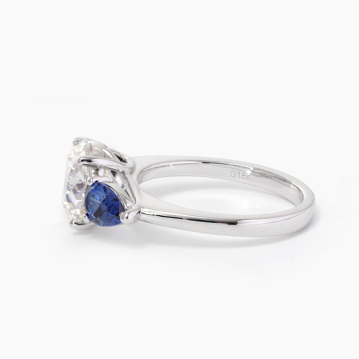 18K White Gold Round Lab Diamond Pear Sapphire Three Stone Ring 18K White Gold Round Lab Diamond Pear Sapphire Three Stone Ring