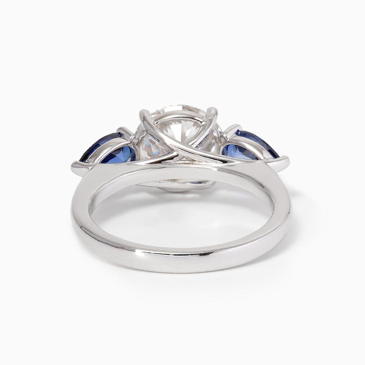 18K White Gold Round Lab Diamond Pear Sapphire Three Stone Ring 18K White Gold Round Lab Diamond Pear Sapphire Three Stone Ring
