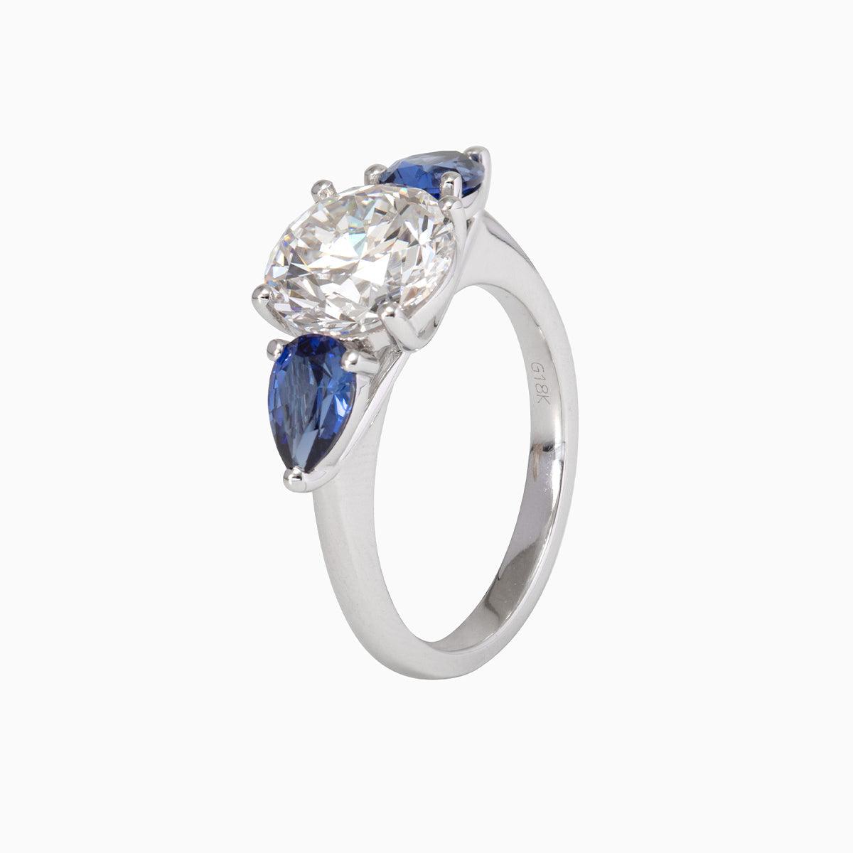 18K White Gold Round Lab Diamond Pear Sapphire Three Stone Ring 18K White Gold Round Lab Diamond Pear Sapphire Three Stone Ring