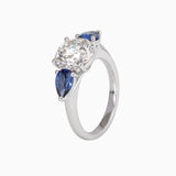 18K White Gold Round Lab Diamond Pear Sapphire Three Stone Ring 18K White Gold Round Lab Diamond Pear Sapphire Three Stone Ring