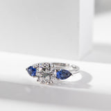 18K White Gold Round Lab Diamond Pear Sapphire Three Stone Ring 18K White Gold Round Lab Diamond Pear Sapphire Three Stone Ring