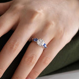 18K White Gold Round Lab Diamond Pear Sapphire Three Stone Ring 18K White Gold Round Lab Diamond Pear Sapphire Three Stone Ring