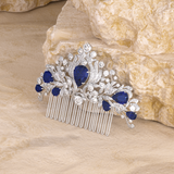 14K White Gold Pear Lab Sapphire and Round Lab Diamond Floral Crown Vintage Bridal Comb 14K White Gold Pear Lab Sapphire and Round Lab Diamond Floral Crown Vintage Bridal Comb