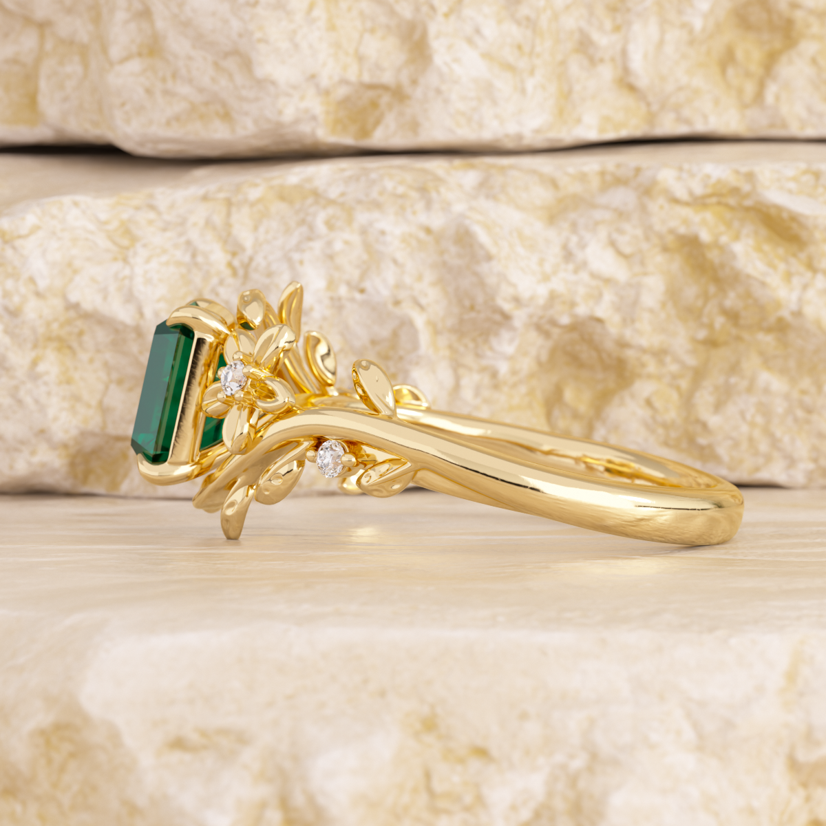 14K Yellow Gold 1ct Lab Emerald Art Nouveau Nature-Inspired Ring with Round Lab Diamond Side-stones 14K Yellow Gold 1ct Lab Emerald Art Nouveau Nature-Inspired Ring with Round Lab Diamond Side-stones