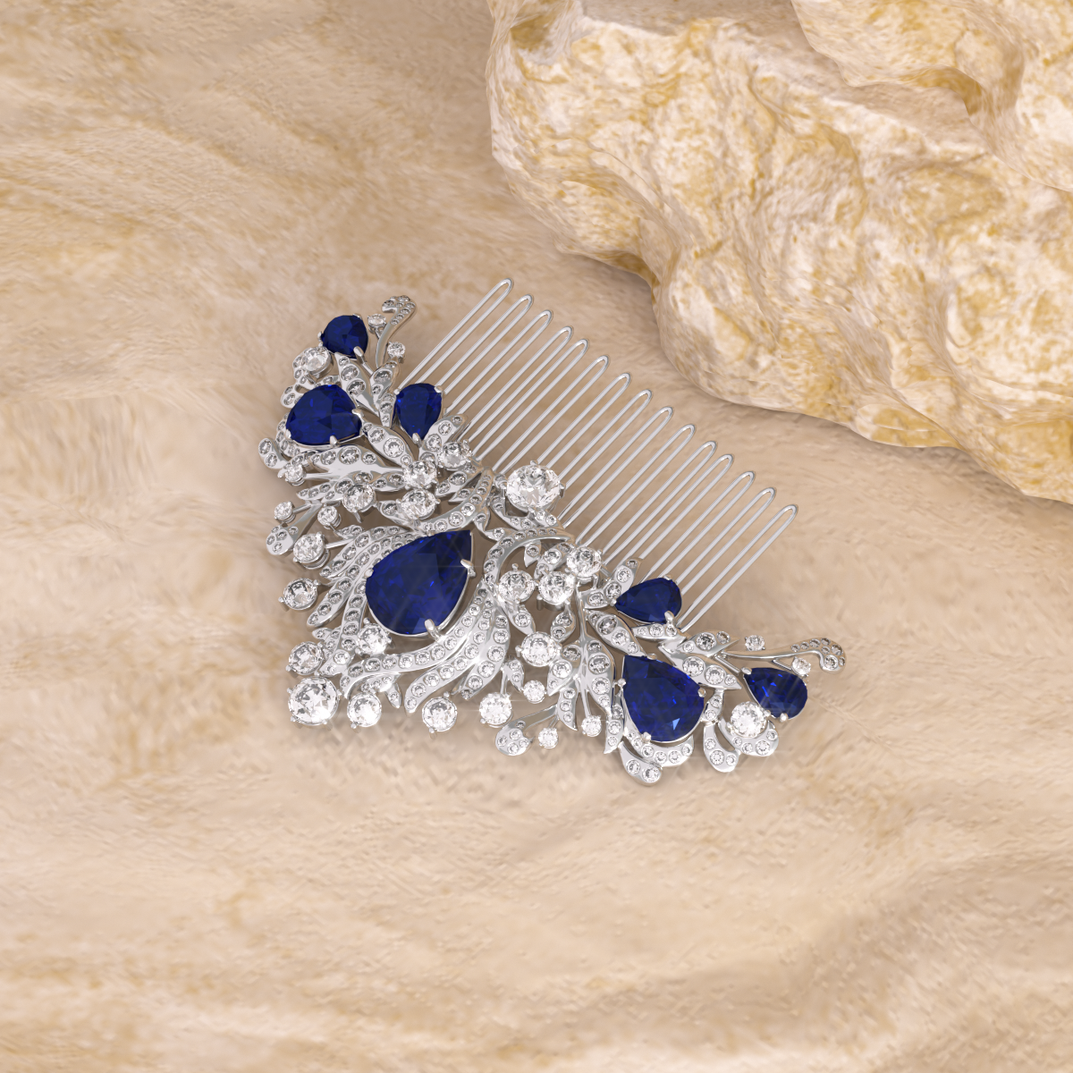 14K White Gold Pear Lab Sapphire and Round Lab Diamond Floral Crown Vintage Bridal Comb 14K White Gold Pear Lab Sapphire and Round Lab Diamond Floral Crown Vintage Bridal Comb