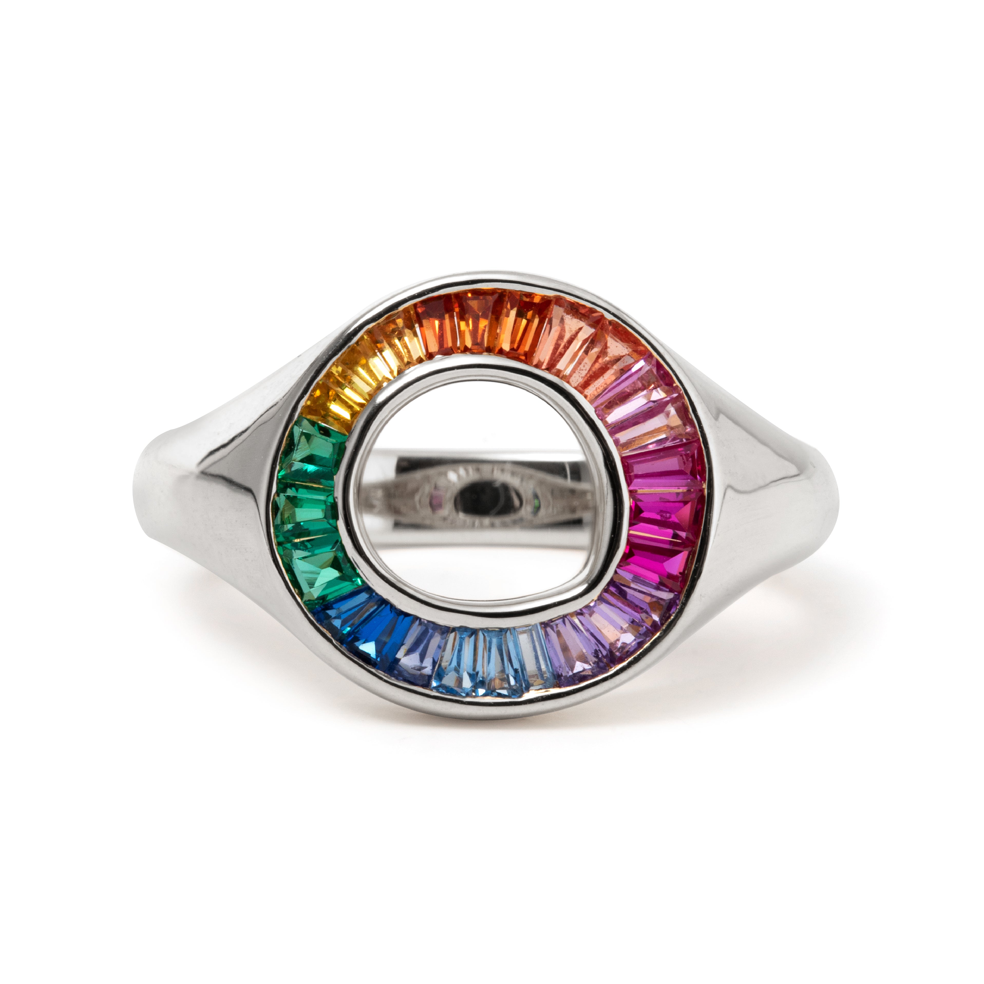 14K Yellow Gold Baguette Cut Rainbow Color Lab Sapphire Channel Setting Sphere Ring 14K Yellow Gold Baguette Cut Rainbow Color Lab Sapphire Channel Setting Sphere Ring