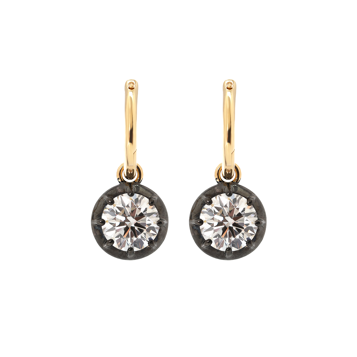18K Yellow and White Gold with Black Rhodium Plated 2 ct tw Round Cut Diamond Bezel Hoop Earrings 18K Yellow and White Gold with Black Rhodium Plated 2 ct tw Round Cut Diamond Bezel Hoop Earrings