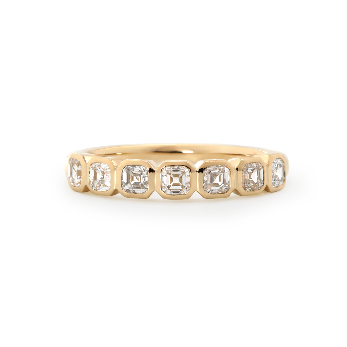 14K Yellow Gold Asscher Cut Lab Diamond 7 Stone Bezel Half Eternity Ring 14K Yellow Gold Asscher Cut Lab Diamond 7 Stone Bezel Half Eternity Ring