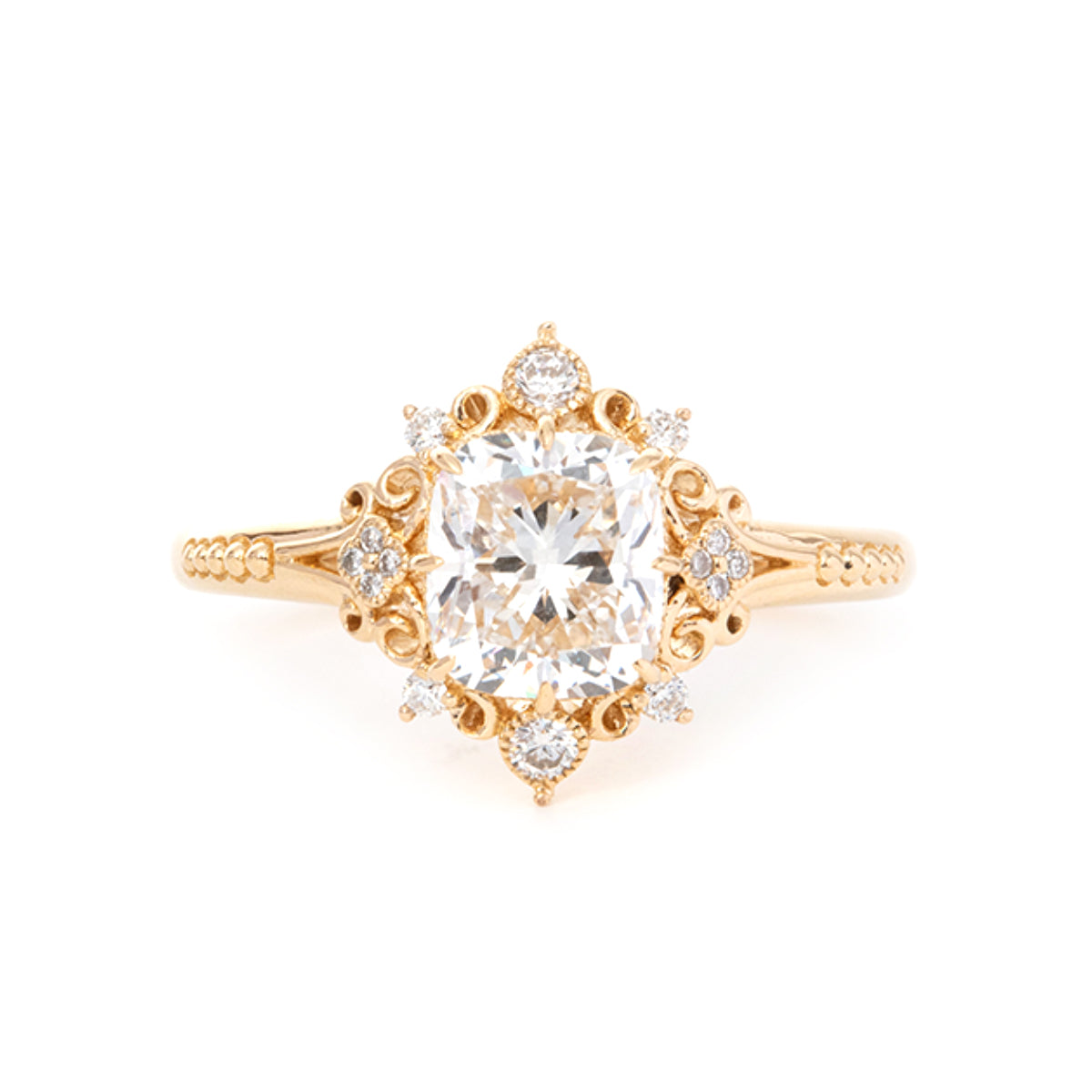 14K Yellow Gold 2.5ct Elongated Cushion Cut Lab Diamond Victoran-Style Ring with Floral Motifs 14K Yellow Gold 2.5ct Elongated Cushion Cut Lab Diamond Victoran-Style Ring with Floral Motifs
