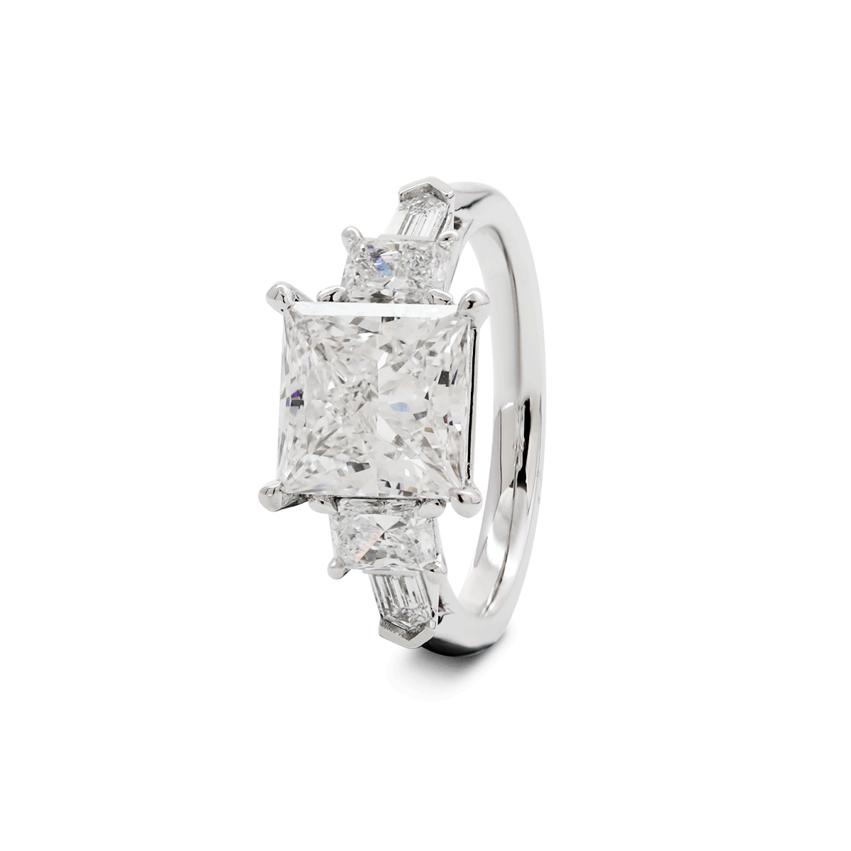 Platinum 2.5ct Princess Cut Lab Diamond 5 Stone Engagement Ring with Radiant Cut and Bullet Cut Side-stones Platinum 2.5ct Princess Cut Lab Diamond 5 Stone Engagement Ring with Radiant Cut and Bullet Cut Side-stones