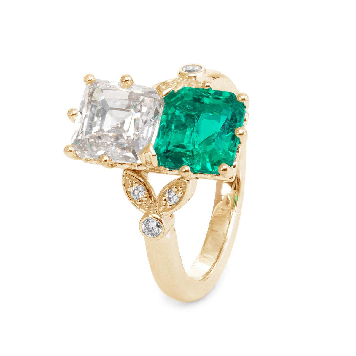 18K White Gold Asscher Cut Lab Emerald & Lab Diamond Toi et Moi Side-stone Cocktail Ring 14K Yellow Gold 18K White Gold Asscher Cut Lab Emerald & Lab Diamond Toi et Moi Side-stone Cocktail Ring 14K Yellow Gold