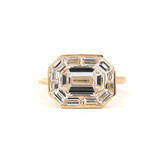 14K Yellow Gold 2.5ct Antique Emerald Cut Lab Diamond Ring with Tapered Step Cut Lab Diamond Halo 14K Yellow Gold 2.5ct Antique Emerald Cut Lab Diamond Ring with Tapered Step Cut Lab Diamond Halo