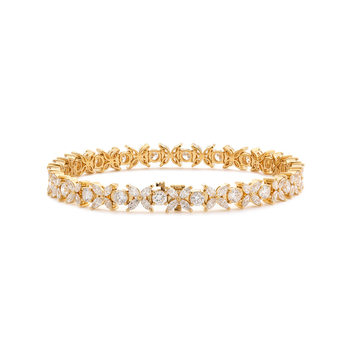 18K Yellow Gold Marquise Cut & Round Cut Lab Diamond Floral Tennis Bracelet 18K Yellow Gold Marquise Cut & Round Cut Lab Diamond Floral Tennis Bracelet