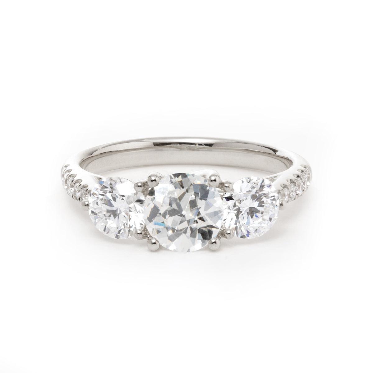 14K Yellow Gold Old European Cut Lab Diamond Pave Three Stone Platinum 14K Yellow Gold Old European Cut Lab Diamond Pave Three Stone Platinum