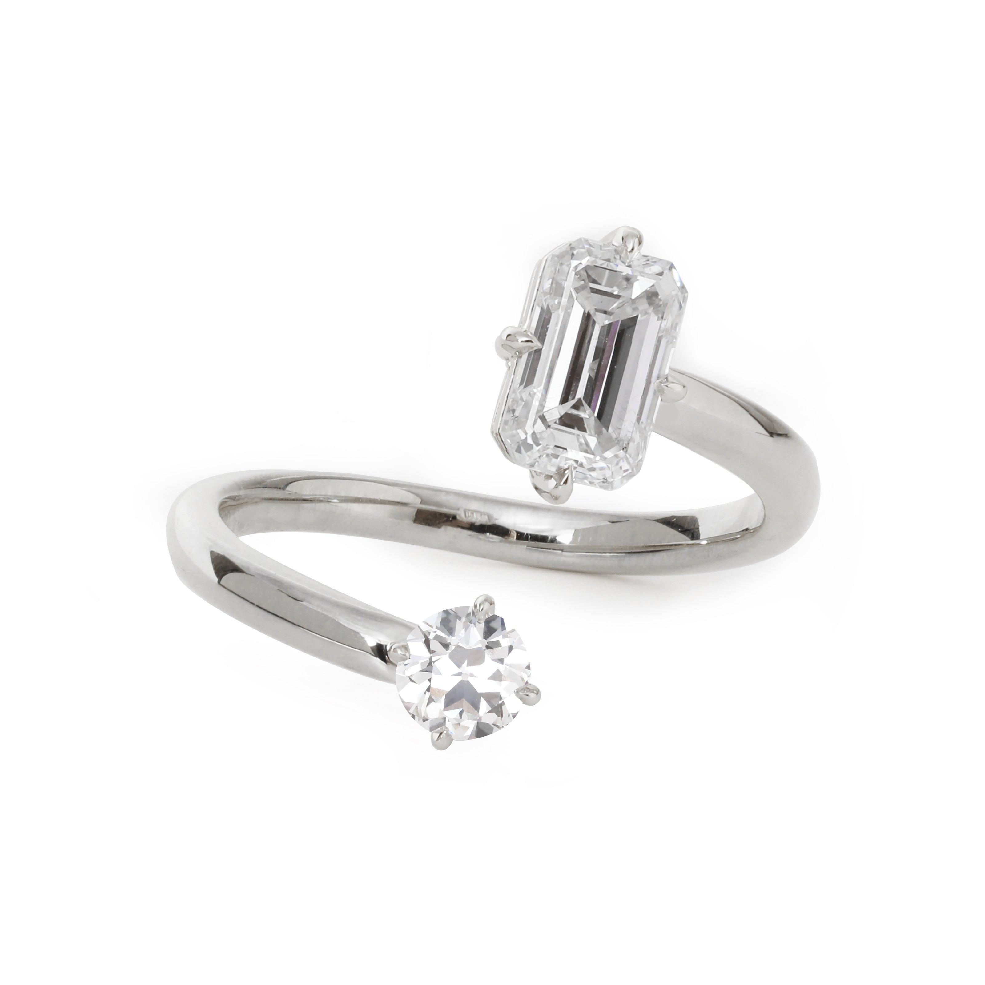 14K Yellow Gold Old European Cut & Emerald Cut Lab Diamond Toi et Moi Ring Platinum 14K Yellow Gold Old European Cut & Emerald Cut Lab Diamond Toi et Moi Ring Platinum