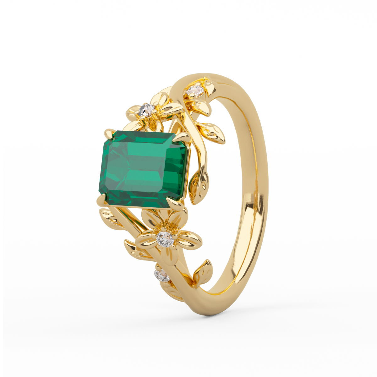 14K Yellow Gold 1ct Lab Emerald Art Nouveau Nature-Inspired Ring with Round Lab Diamond Side-stones 14K Yellow Gold 1ct Lab Emerald Art Nouveau Nature-Inspired Ring with Round Lab Diamond Side-stones