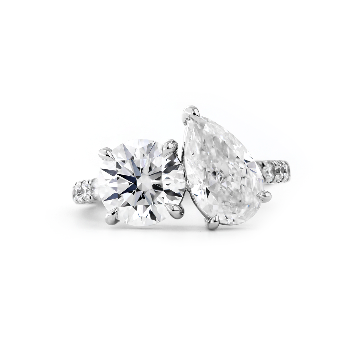 14K White Gold Round and Pear Lab Diamond Toi et Moi Ring with Pave Design 14K White Gold Round and Pear Lab Diamond Toi et Moi Ring with Pave Design