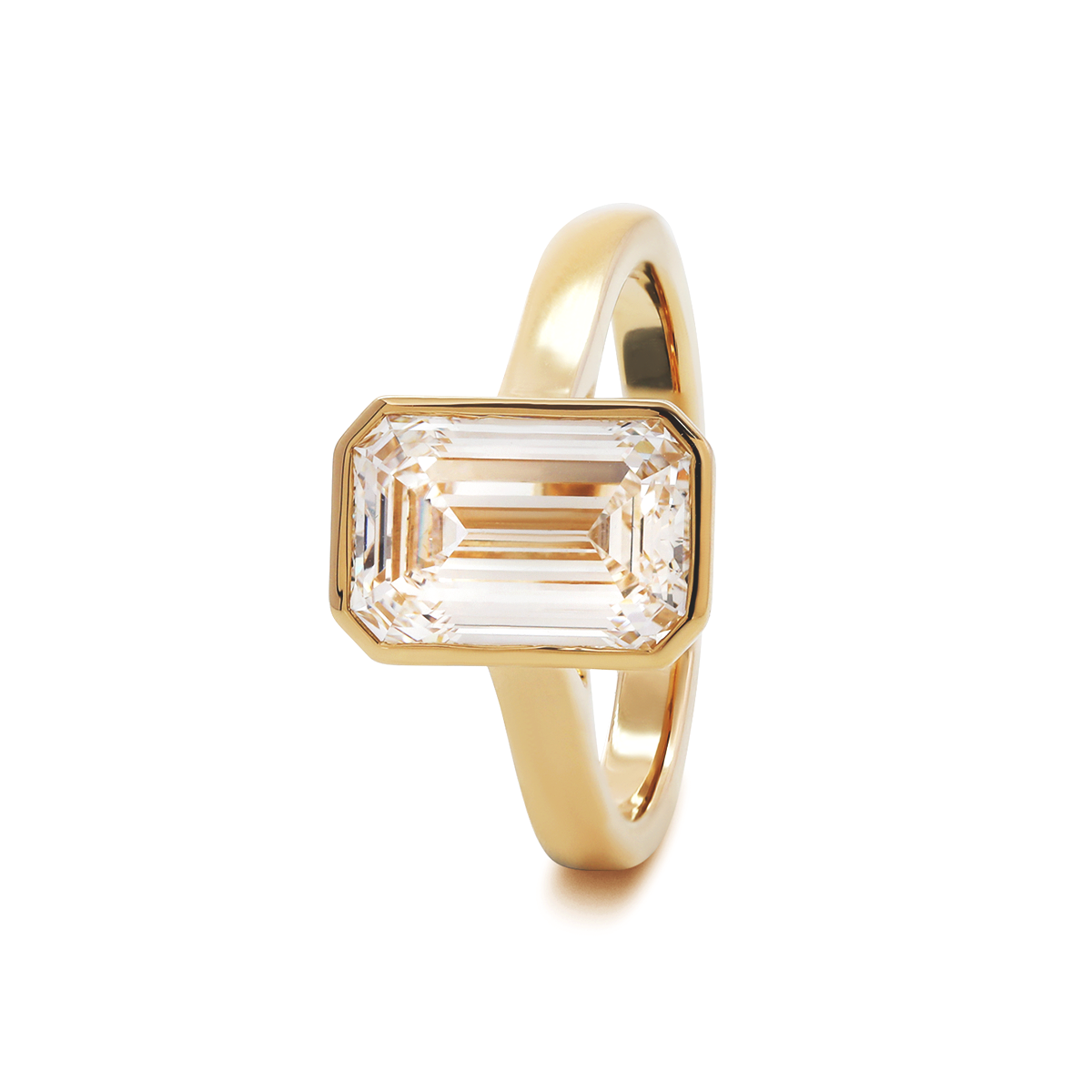 14K Yellow Gold 3ct Emerald Cut Lab DIamond Bezel Solitaire Ring 14K Yellow Gold 3ct Emerald Cut Lab DIamond Bezel Solitaire Ring
