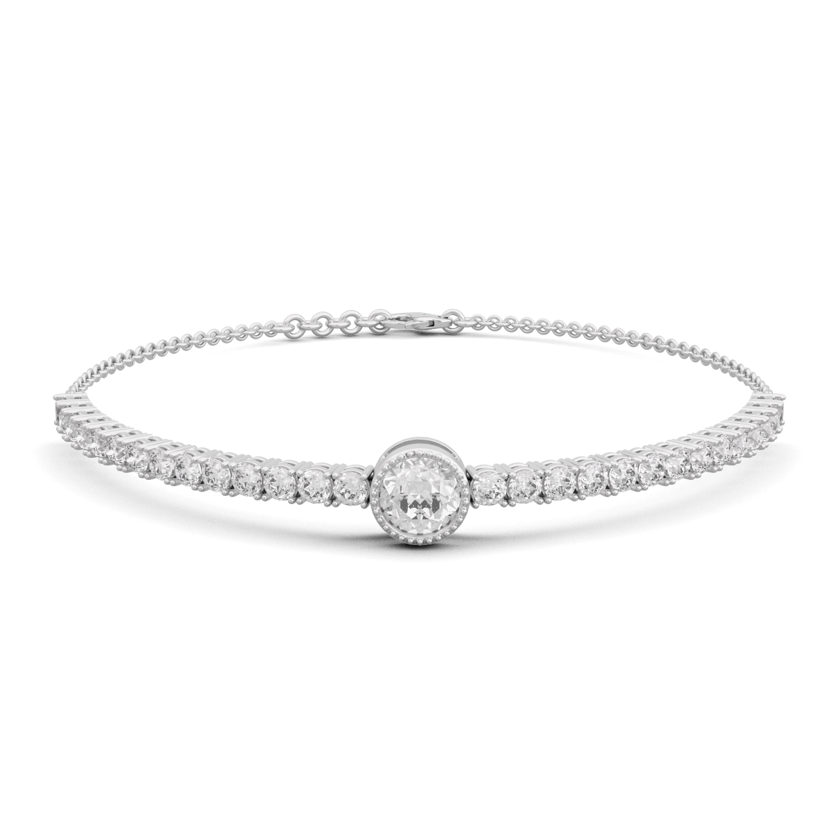 14K White Gold Round Lab Diamond Adjustable Chain Bracelet with A Millegrain Bezel 6mm Center Stone 14K White Gold Round Lab Diamond Adjustable Chain Bracelet with A Millegrain Bezel 6mm Center Stone