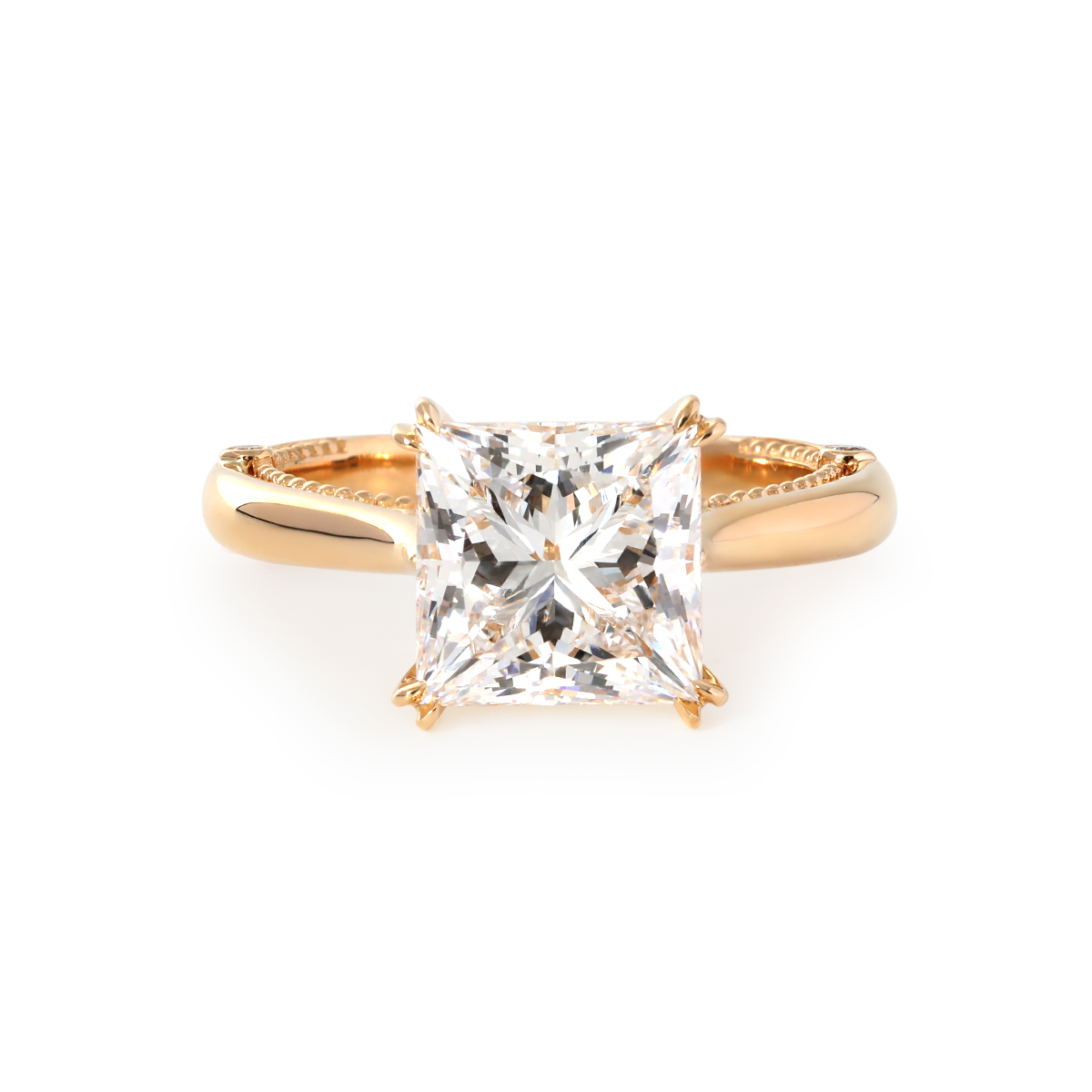 18K Yellow Gold 4ct Princess Cut Lab Diamond Double Claw Prongs Vintage Millegrain Ring – Art Nouveau Nature-Inspired Design 18K Yellow Gold 4ct Princess Cut Lab Diamond Double Claw Prongs Vintage Millegrain Ring – Art Nouveau Nature-Inspired Design