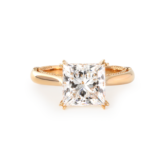 18K Yellow Gold 4ct Princess Cut Lab Diamond Double Claw Prongs Vintage Millegrain Ring – Art Nouveau Nature-Inspired Design