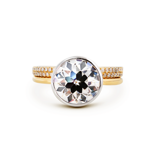 14K Yellow and White Gold 3.5ct Old European Cut Lab Diamond Bezel Engagement Ring with A Round Lab Diamond Double Row Pave Half Eternity Wedding Band - Bridal Ring Set Design