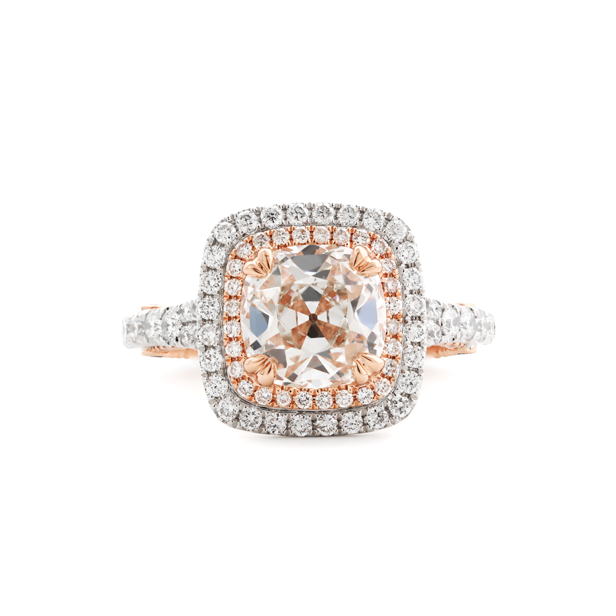 14K White and Rose Gold 2.5ct Old Mine Cut Lab Diamond Evelina Halo Edwardian Style Ring with Waverly Band and Millegrain Edging 14K White and Rose Gold 2.5ct Old Mine Cut Lab Diamond Evelina Halo Edwardian Style Ring with Waverly Band and Millegrain Edging