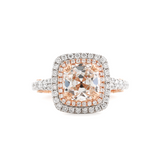 14K White and Rose Gold 2.5ct Old Mine Cut Lab Diamond Evelina Halo Edwardian Style Ring with Waverly Band and Millegrain Edging 14K White and Rose Gold 2.5ct Old Mine Cut Lab Diamond Evelina Halo Edwardian Style Ring with Waverly Band and Millegrain Edging