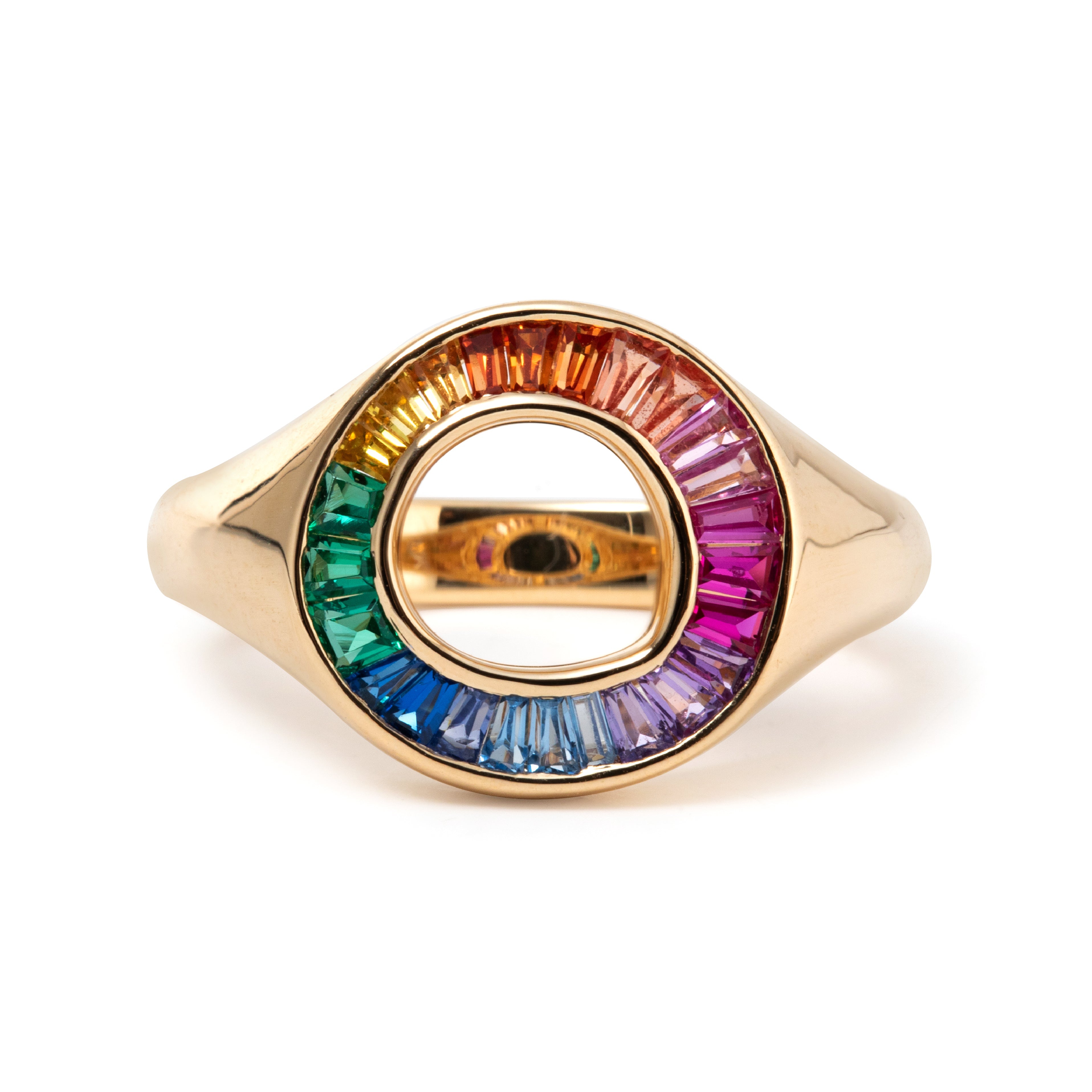 14K Yellow Gold Baguette Cut Rainbow Color Lab Sapphire Channel Setting Sphere Ring 14K Yellow Gold Baguette Cut Rainbow Color Lab Sapphire Channel Setting Sphere Ring