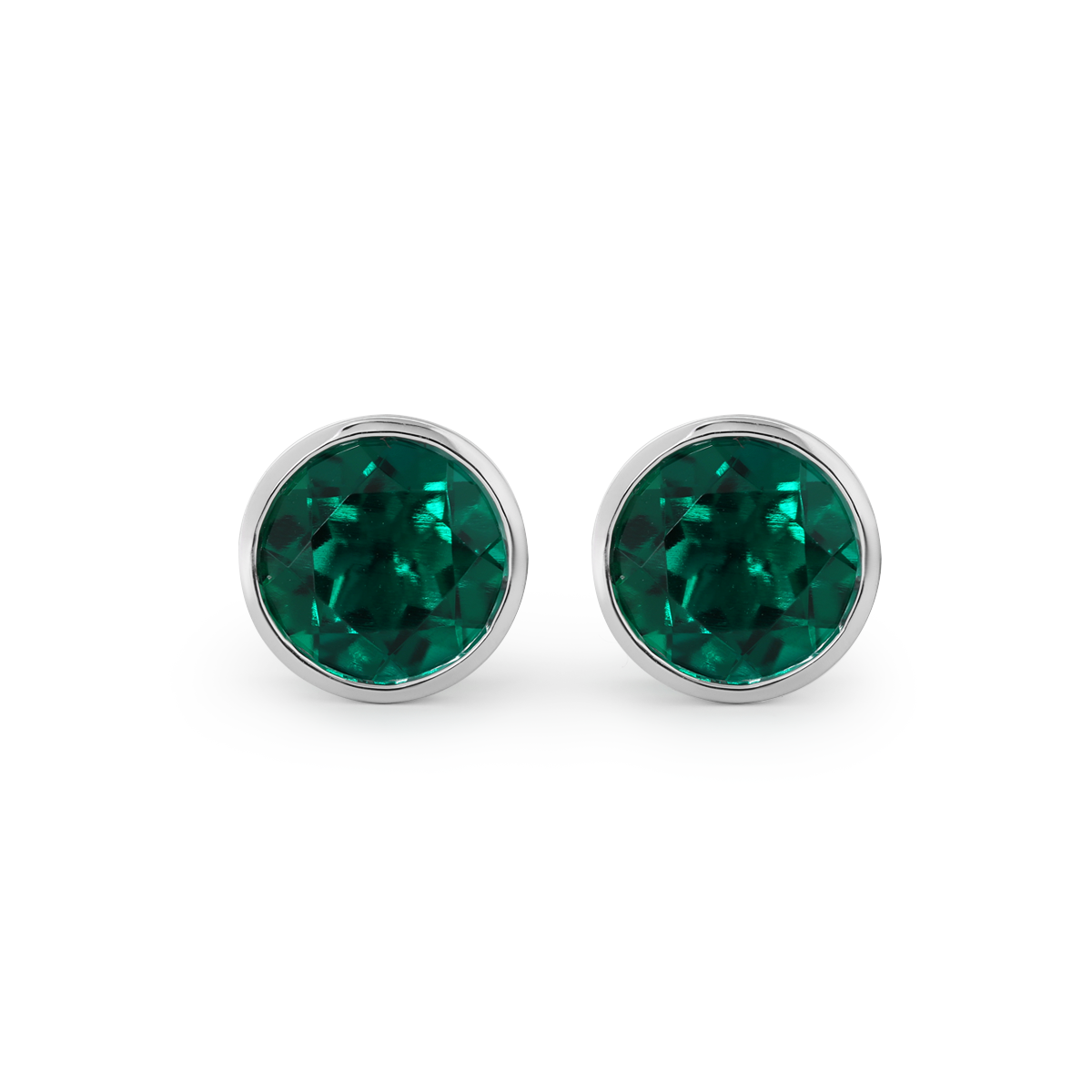 14K White Gold 3 ct tw Round Zambian Lab Emerald Bezel Stud Earrings 14K White Gold 3 ct tw Round Zambian Lab Emerald Bezel Stud Earrings