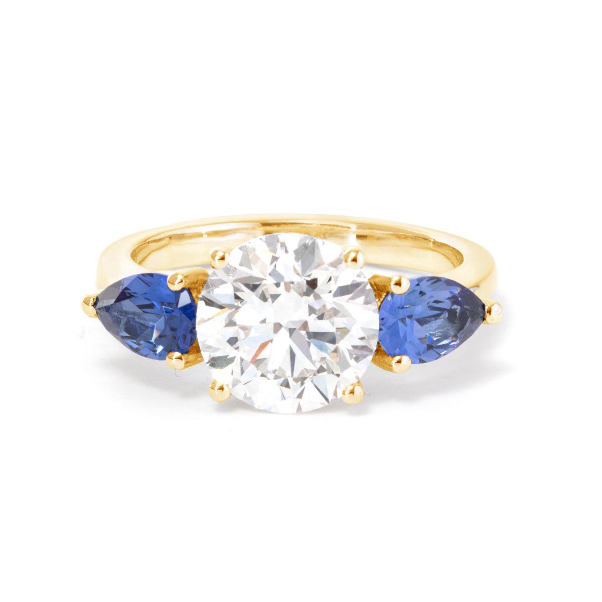 18K White Gold Round Lab Diamond Pear Sapphire Three Stone Ring 14K Yellow Gold 18K White Gold Round Lab Diamond Pear Sapphire Three Stone Ring 14K Yellow Gold