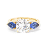 18K White Gold Round Lab Diamond Pear Sapphire Three Stone Ring 14K Yellow Gold 18K White Gold Round Lab Diamond Pear Sapphire Three Stone Ring 14K Yellow Gold