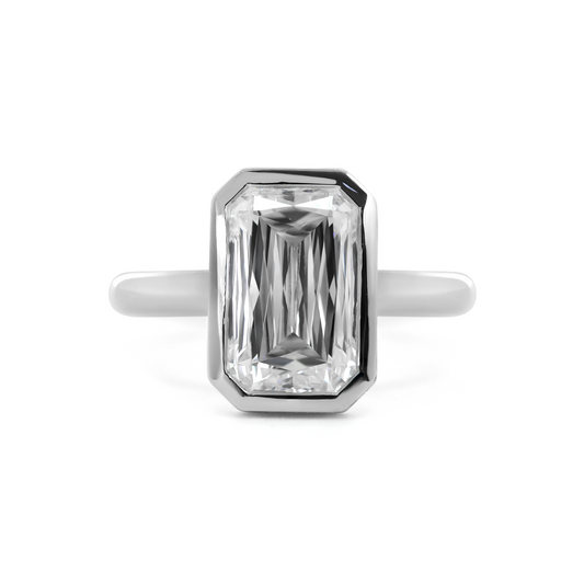 14K White Gold 3ct Criss Cut Bezel Ring with Round Lab Diamond Hidden Halo