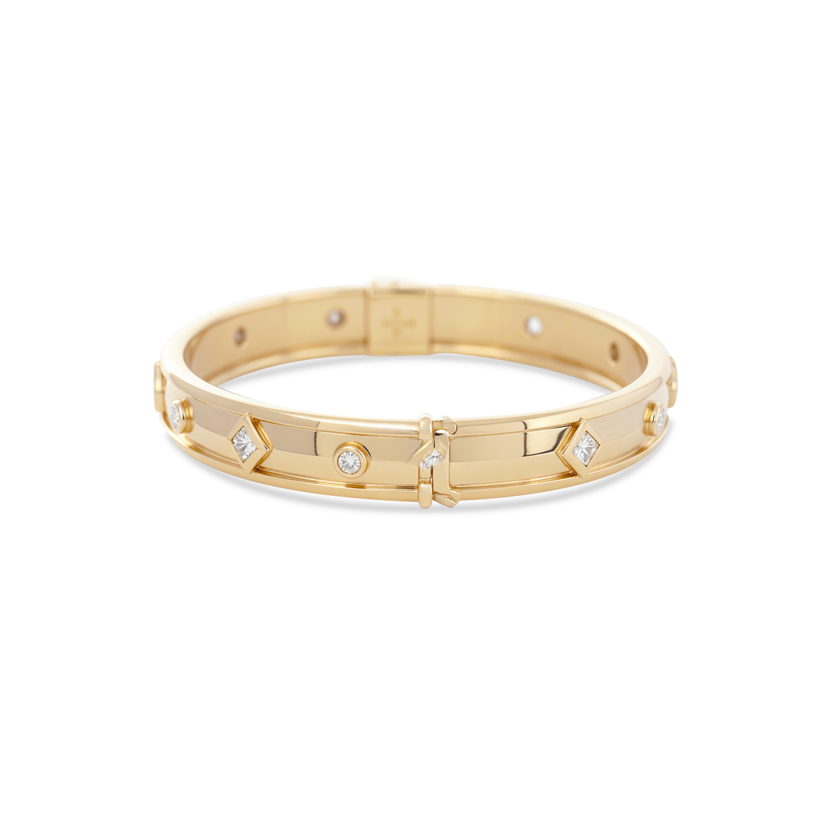 18K Yellow Gold Round Cut and Princess Cut Lab Diamond Bezel Bangle Bracelet 18K Yellow Gold Round Cut and Princess Cut Lab Diamond Bezel Bangle Bracelet
