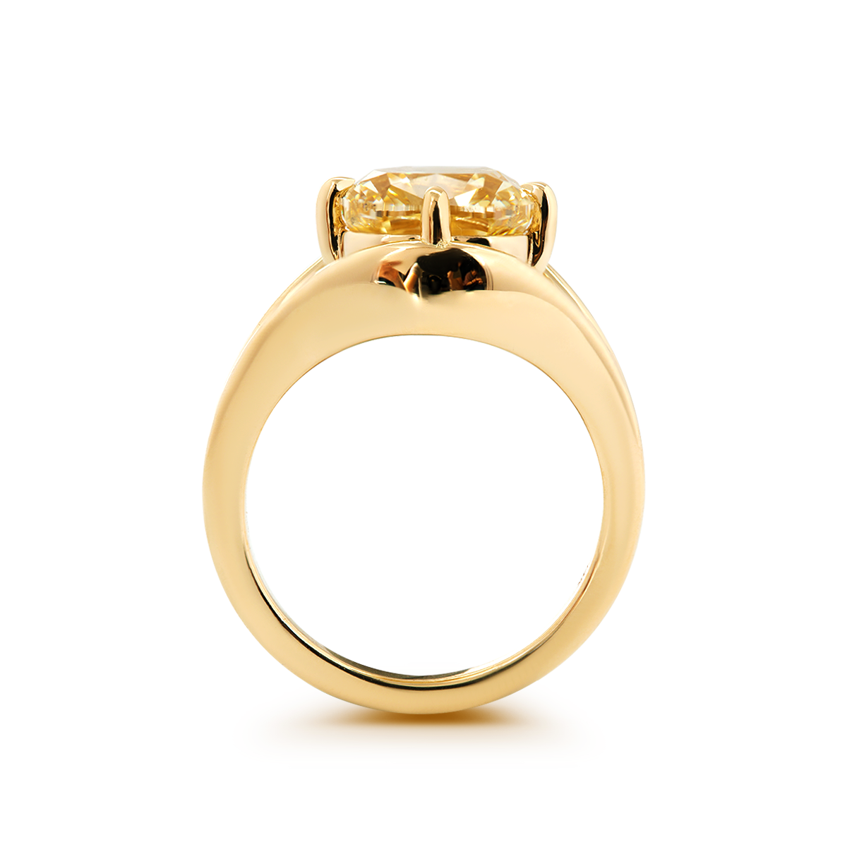 14K Yellow Gold 4ct Old Mine Cut Yellow Lab Diamond 4 Claw Prongs Solitaire Ring with Split Band Design 14K Yellow Gold 4ct Old Mine Cut Yellow Lab Diamond 4 Claw Prongs Solitaire Ring with Split Band Design