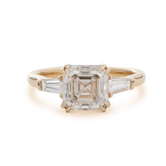 14K Yellow Gold 3.5ct Asscher Cut Lab diamond Double Claw Prongs Three-stone Ring with Two Tapered Baguette Cut